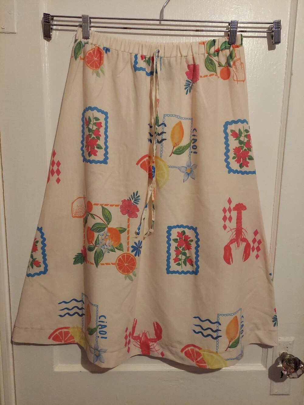 Metrowear ALine Midi Skirt Womens L Linen Blend postcard print Coastal Novelty